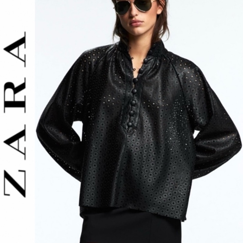 Zara Laser Cut Faux Leather Blouse Long Sleeve Black- XS